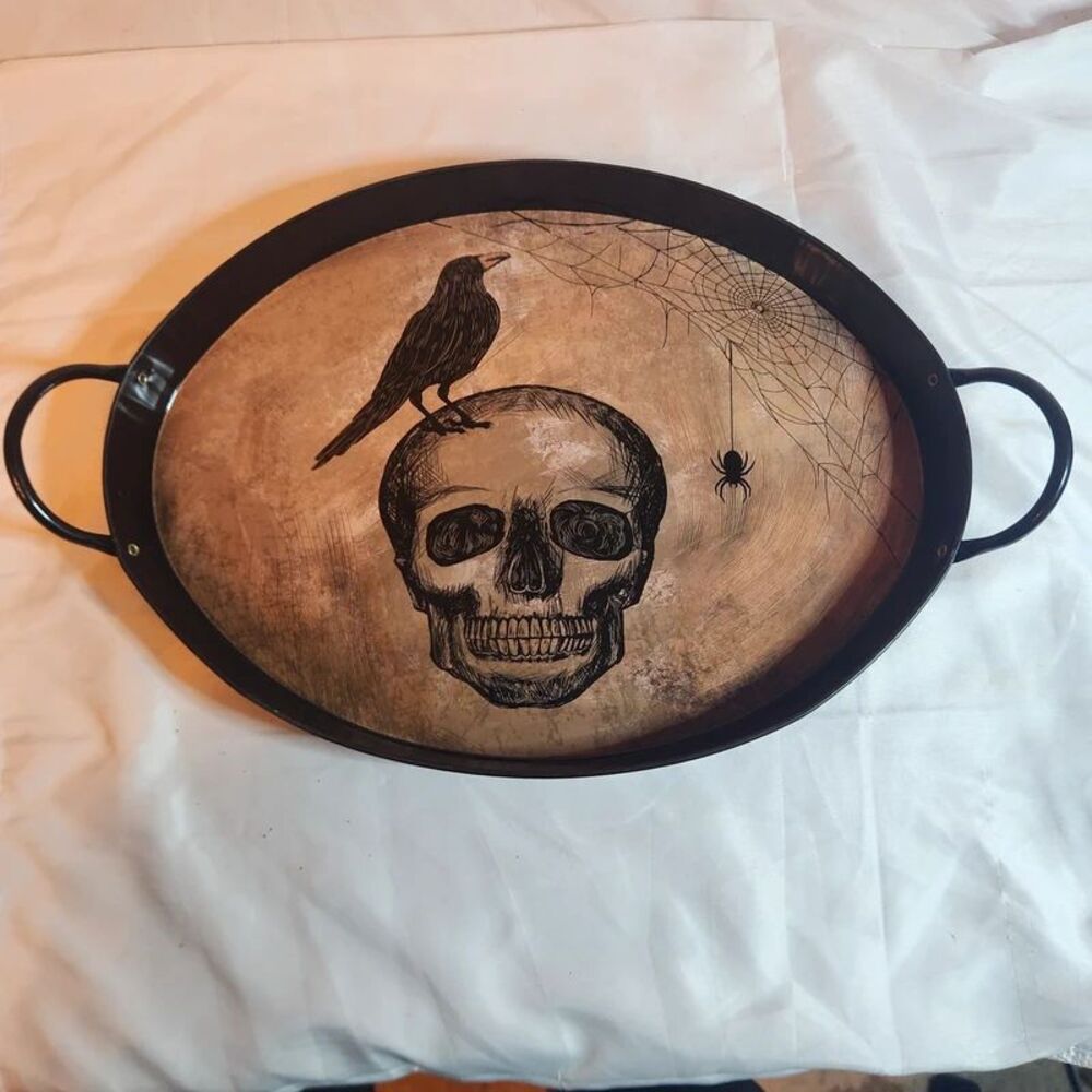 Halloween Metal Serving Tray Skull Raven Spider Web Gothic Decor 15"